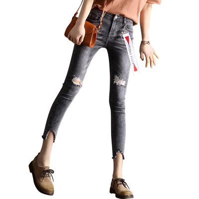 轩兹破洞牛仔裤女铅笔裤2017夏新款修身显瘦小脚裤不规则九分裤潮XZ-05X1707