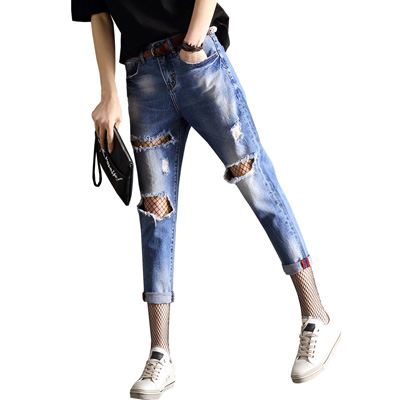 轩兹大破洞牛仔裤女宽松夏季新款韩版学生乞丐裤哈伦裤小脚九分裤XZ-03X1905