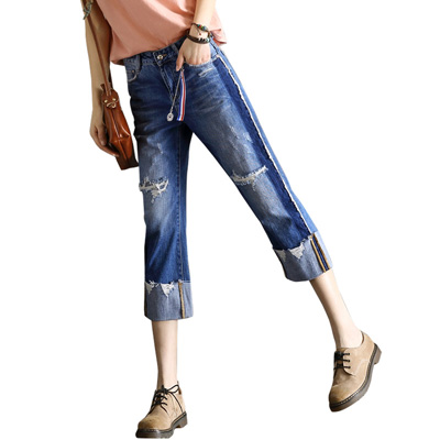 轩兹牛仔阔腿裤女2017夏季新款韩版破洞翻边直筒裤高腰宽松九分裤XZ-03X773