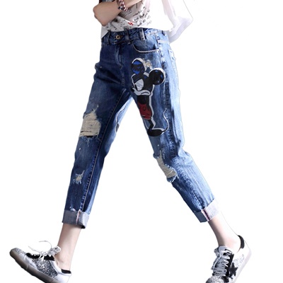 轩兹破洞牛仔裤女宽松翻边九分裤夏季新款卡通图案高腰小脚哈伦裤XZ-10X6876
