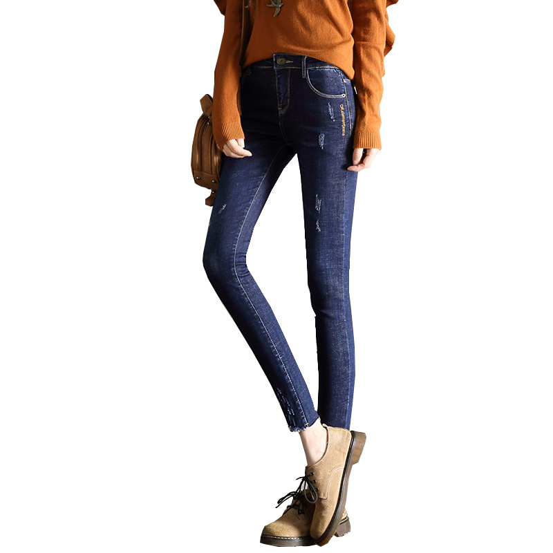 轩兹牛仔裤女铅笔裤秋修身显瘦韩版学生毛边紧身弹力小脚裤长裤潮