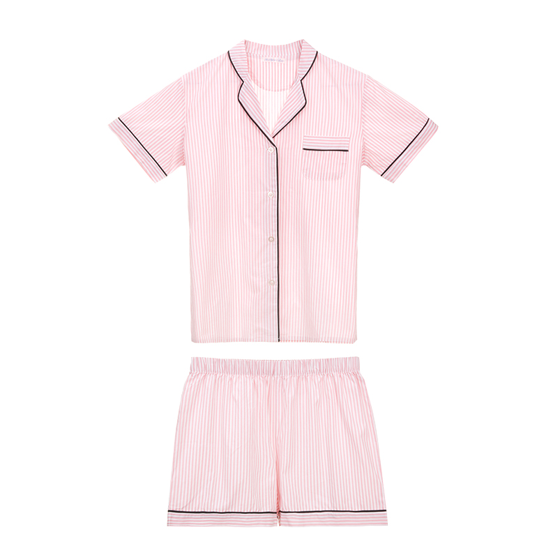 乐潘朵纯棉睡衣女开衫条纹宽松舒适短袖裤套装家居服薄款