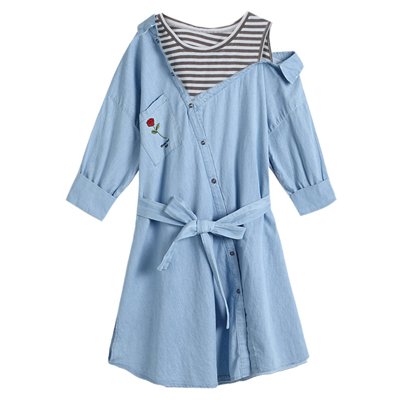 韩都衣舍2018韩版女装夏装新款条纹漏肩假两件连衣裙OY7183焕 M 蓝色