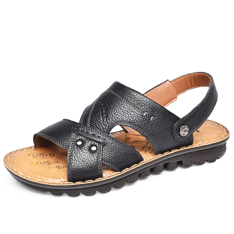 金猴（JINHO）夏季软牛皮防滑男鞋 凉鞋拖鞋两用沙滩鞋 Q98018 黑色 38码