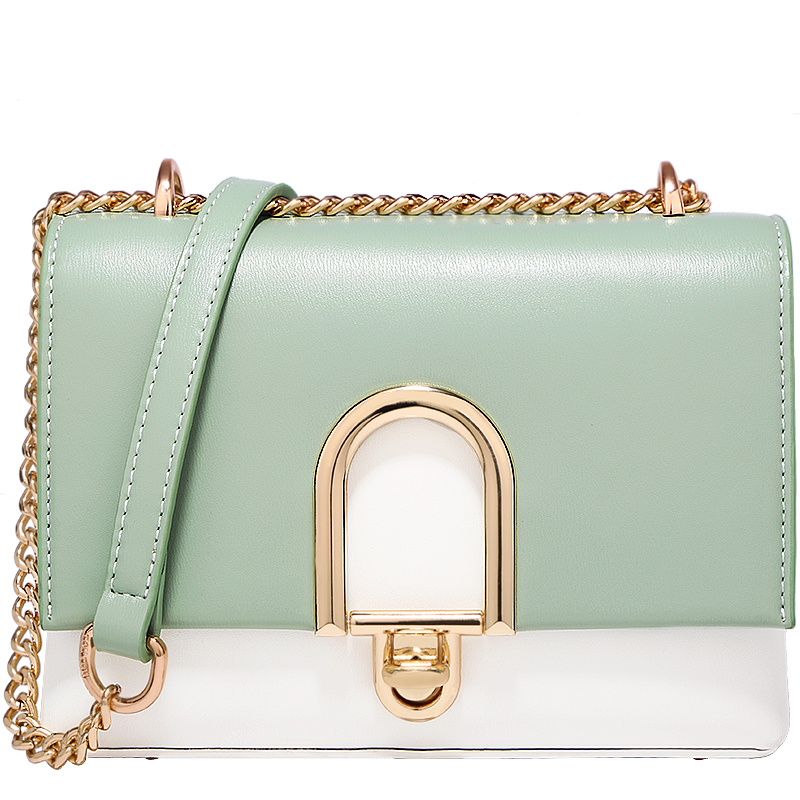 包包女2019潮清新韩版百搭撞色链条锁扣小方包单肩斜挎包潮