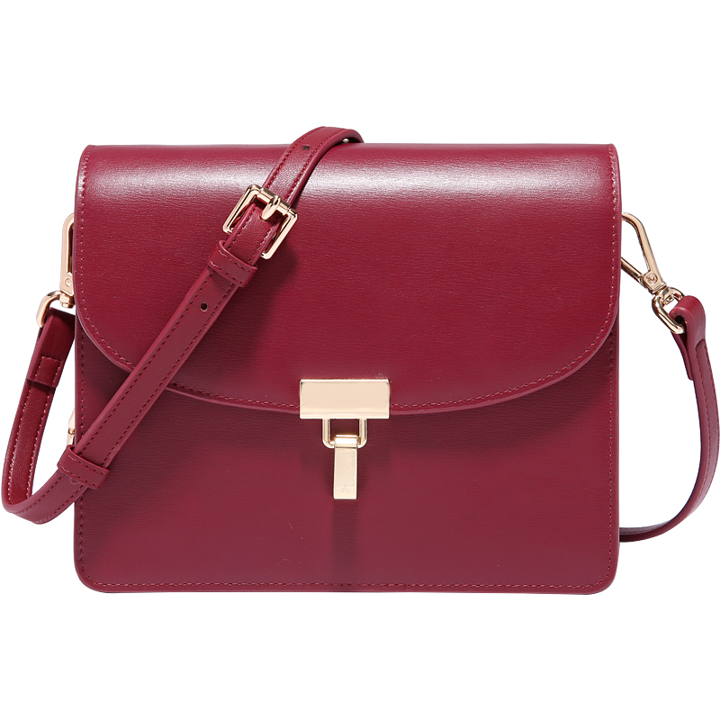 复古酒红色牛皮小方包双层拉链手拿包