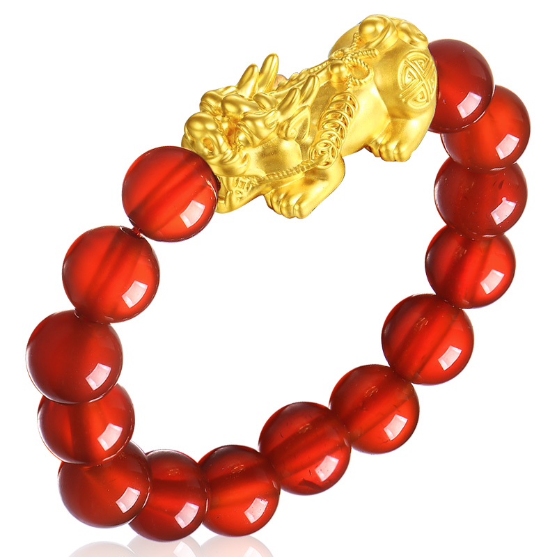 蒂蔻 貔貅黄金戒指女士款3D硬金红玛瑙指环自戴生日礼物送老婆送女朋友