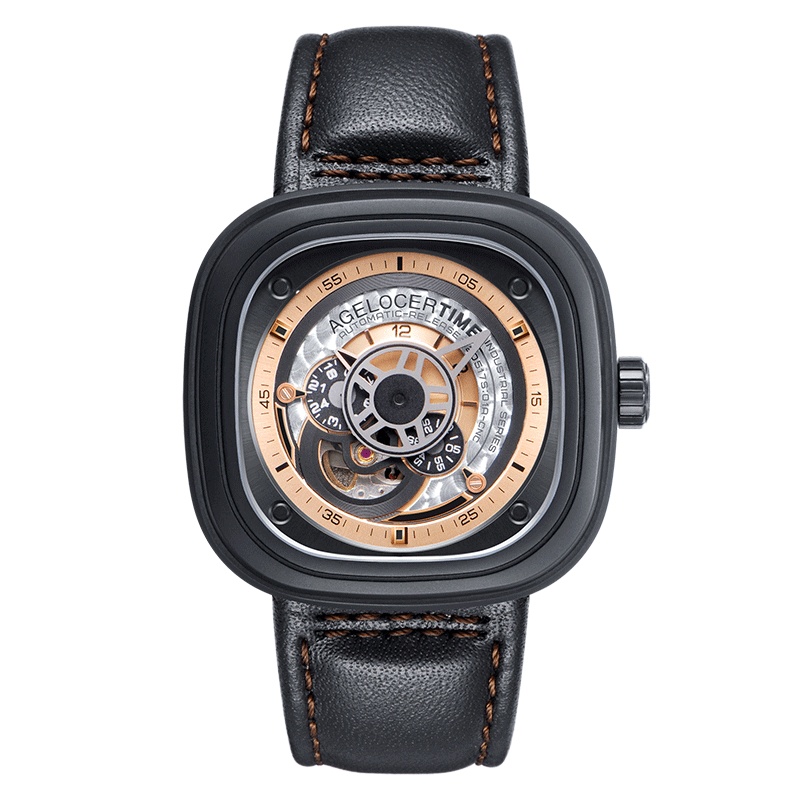 瑞士艾戈勒AGELOCER手表 方形全自动机械表 男士时尚酷潮大表盘皮带男表 运动手表 瑞士手表潮流机械表 A5001