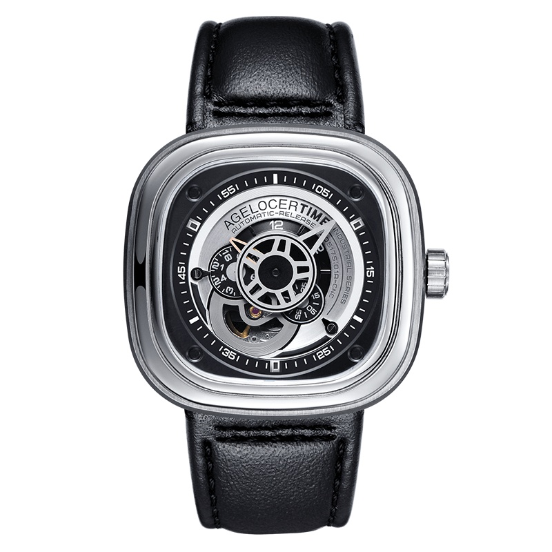 艾戈勒（agelocer）大爆炸瑞士原装进口手表时尚创意全自动机械表 男士镂空方形大表盘潮表 银色黑皮 A5001