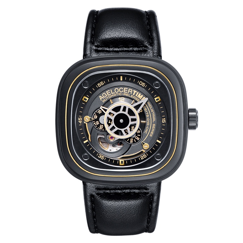 艾戈勒（agelocer）大爆炸瑞士原装进口手表时尚创意全自动机械表 男士镂空方形大表盘潮表 金色黑皮 A5001