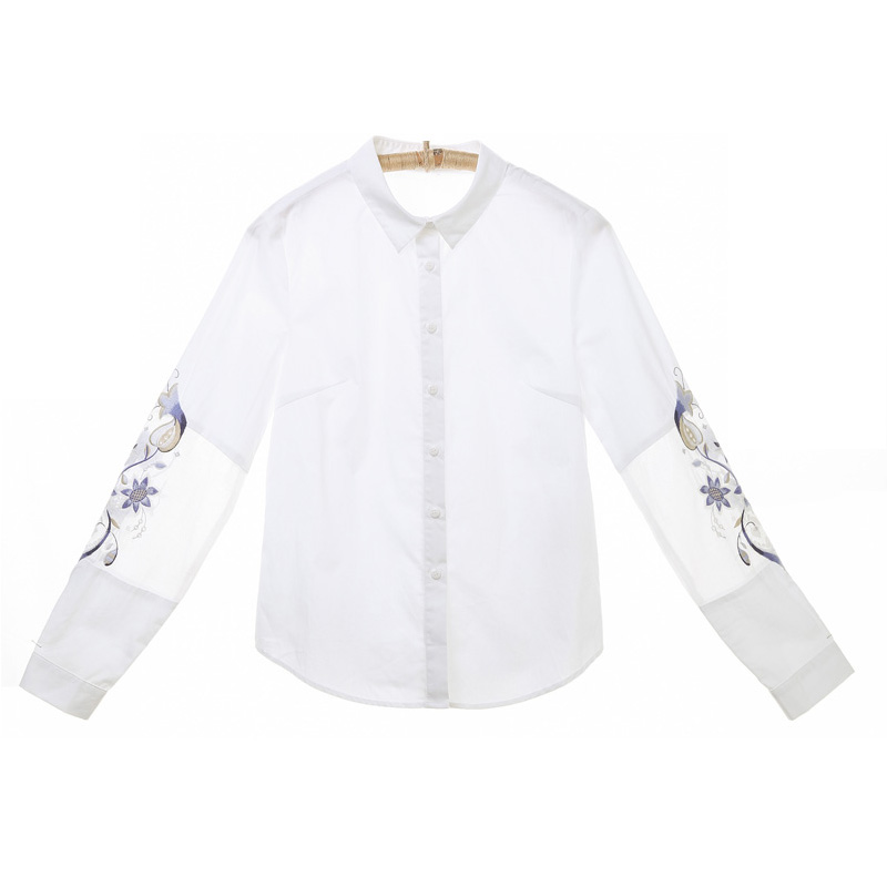 裂帛秋装新款翻领刺绣长袖衬衣直筒全棉小圆摆衬衫