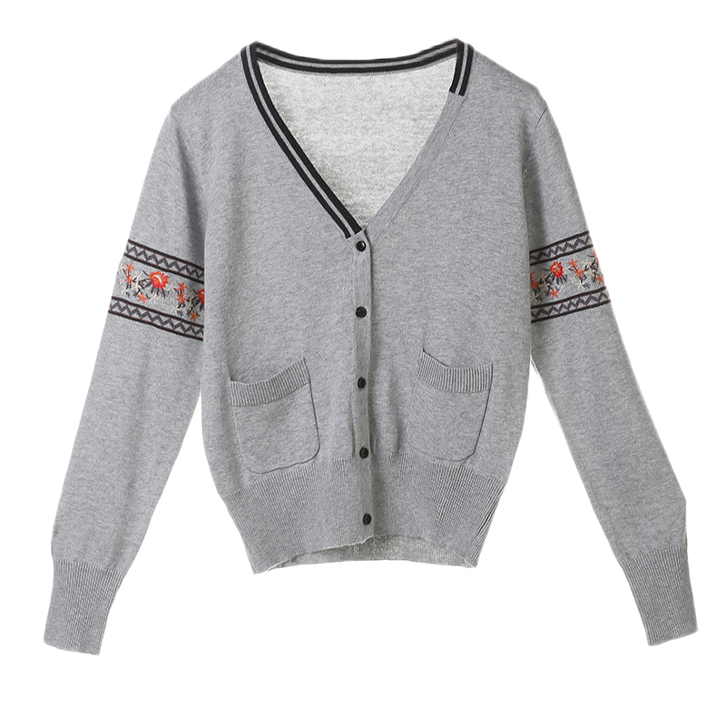 裂帛秋装新款V领刺绣短款外搭长袖薄款针织开衫