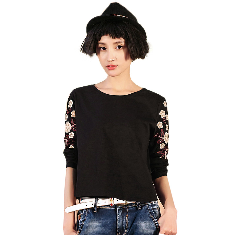 裂帛秋装新款上衣针织圆摆刺绣打底衫宽松长袖T恤