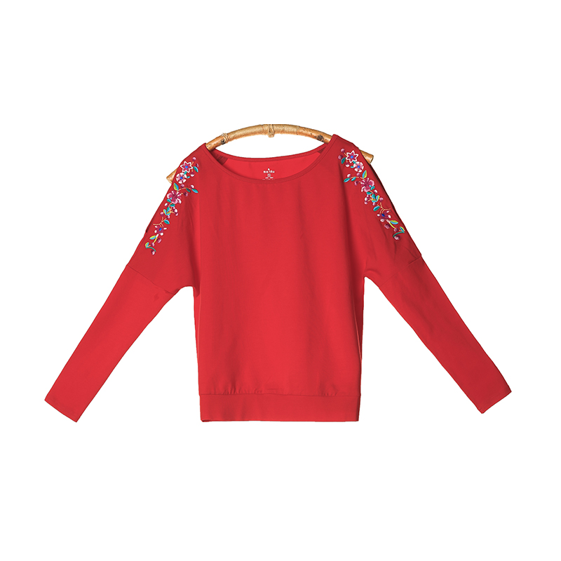 裂帛秋装新款圆领刺绣上衣百搭宽松露肩长袖T恤