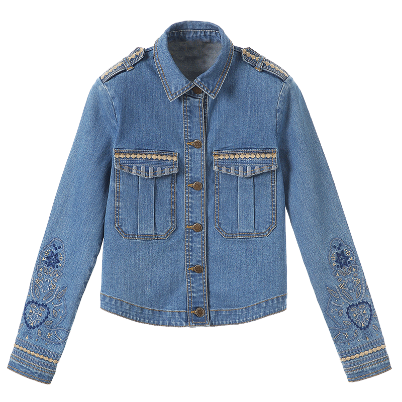 裂帛秋新款前卫刺绣修身上衣长袖水洗牛仔短外套