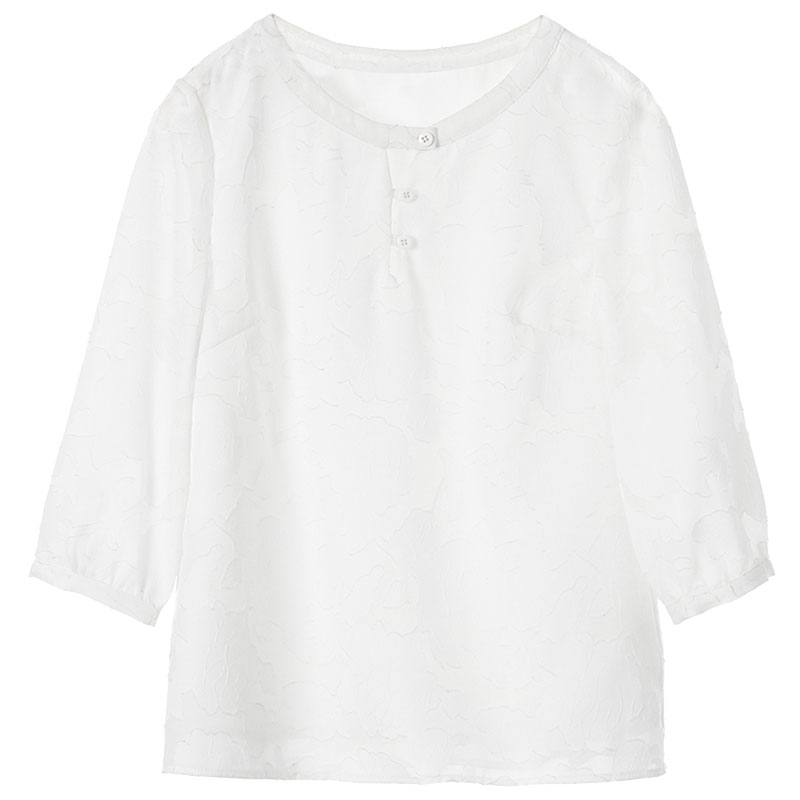 裂帛夏季新款白色雪纺小V领衬衣圆领七分袖衬衫