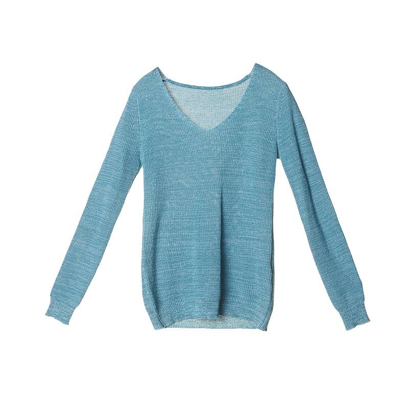 裂帛秋装新款V领长袖混纱修身套头针织衫