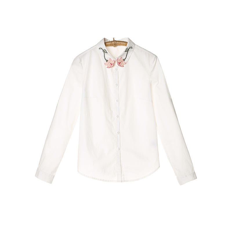 裂帛秋装新款花朵刺绣翻领长袖衬衫圆摆纯棉白衬衣