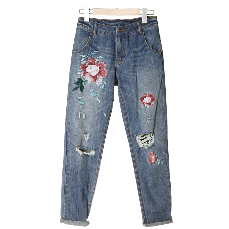 裂帛新款中腰刺绣破洞长裤直筒百搭水洗牛仔裤