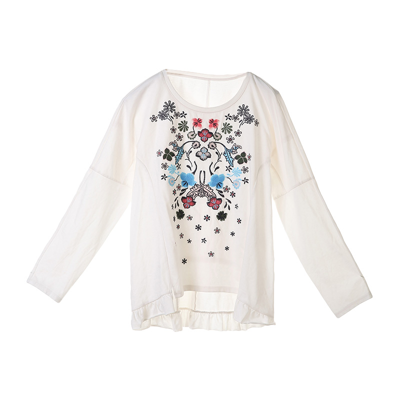 裂帛秋装新款圆领刺绣长袖套头衫抽褶毛边针织T恤