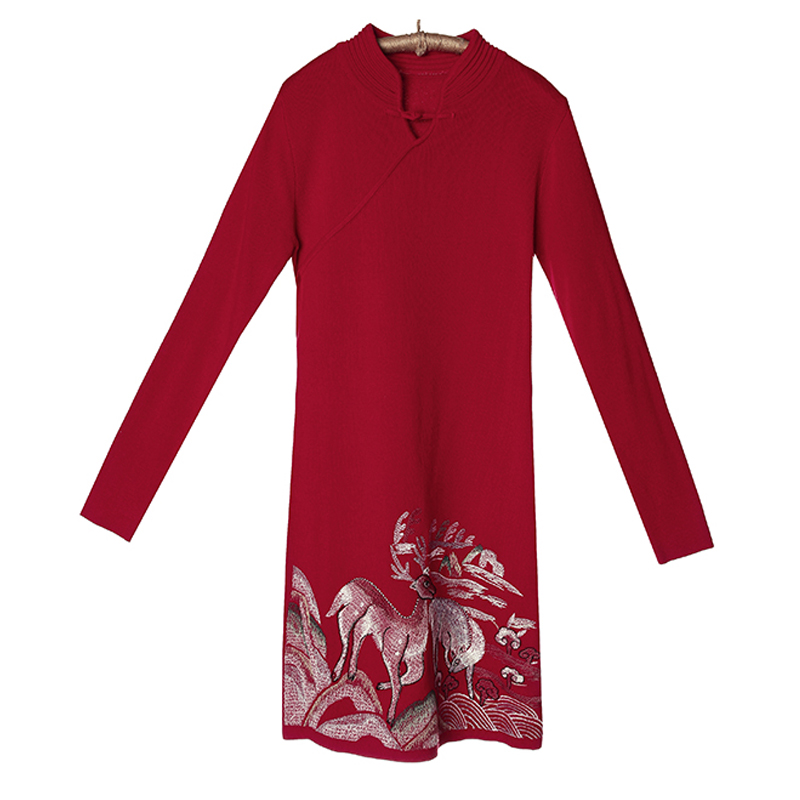 裂帛秋新款卡通刺绣立领盘扣旗袍式毛织长袖连衣裙