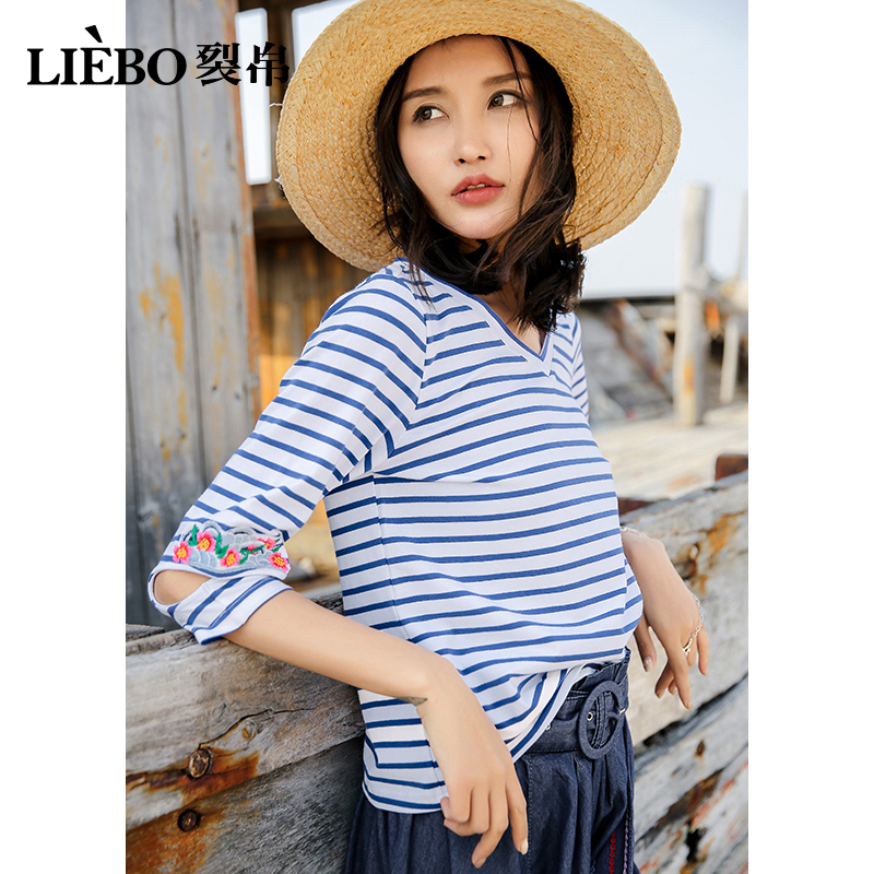 裂帛夏新款 百搭简约V领刺绣 开口中袖 民族风 宽松条纹T恤