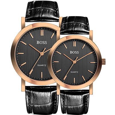 BOSS手表简约时尚商务皮带石英黑玫情侣对表