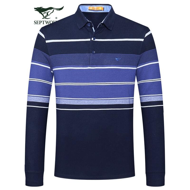 七匹狼长袖T恤秋季中青年男士商务休闲翻领条纹纯棉POLO衫101(藏青)