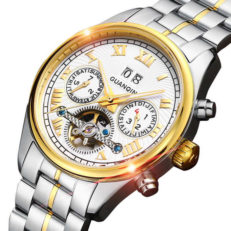 冠琴新款正品手表男士精钢带防水腕表镂空全自动机械表男表手表
