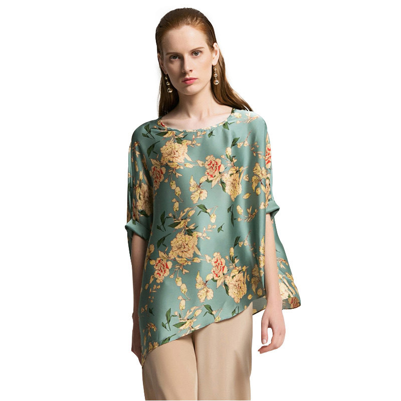 今升 圆领五分袖绿色花不规则宽松衬衫