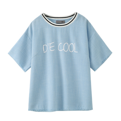 秋壳条纹领休闲宽松文艺小清新印花T恤夏装