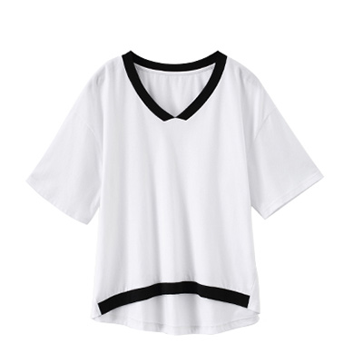 秋壳夏装 撞色拼接V领设计短袖T恤