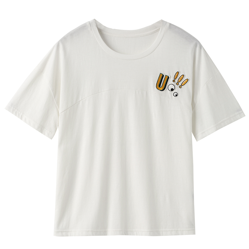 秋壳2019夏装 运动休闲纯棉落肩短袖趣味绣花T恤女