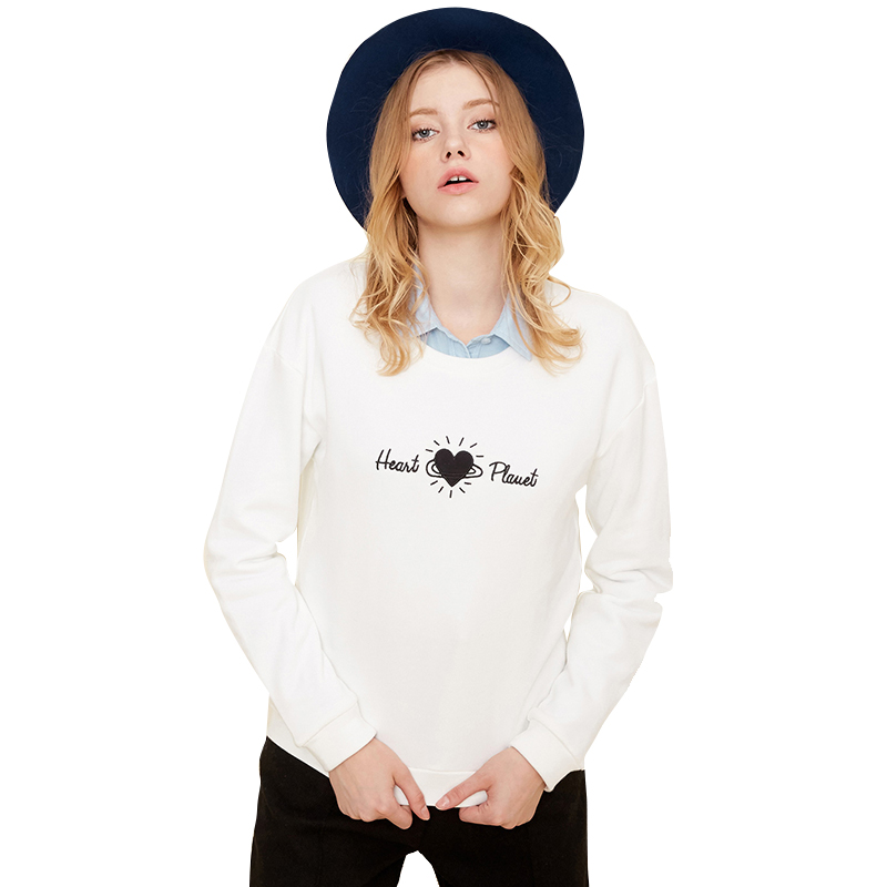 2019春装圆领长袖落肩袖绣花桃心款宽松卫衣5540820113