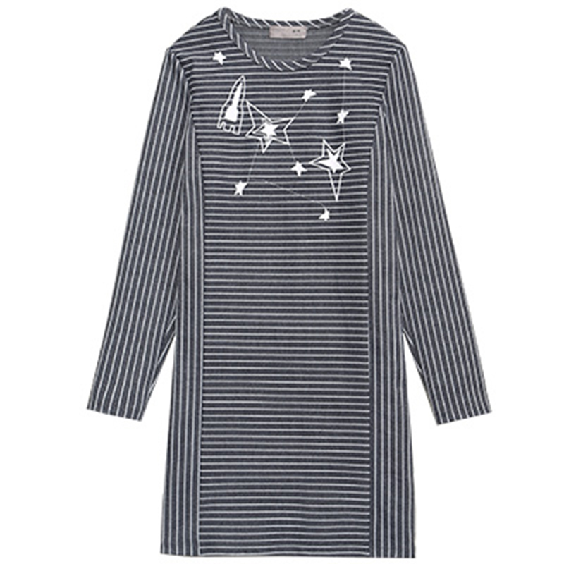 秋壳2019春装 创意印花中长款条纹连衣裙女打底裙子