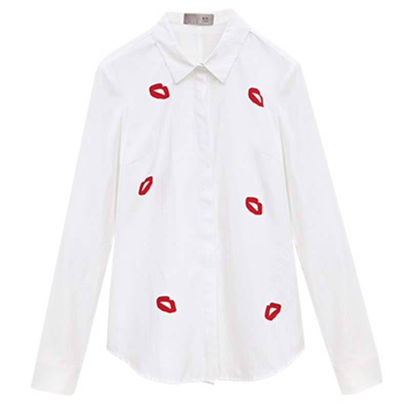 秋壳春春季红唇印花修身休闲个性长袖衬衫女衬衣