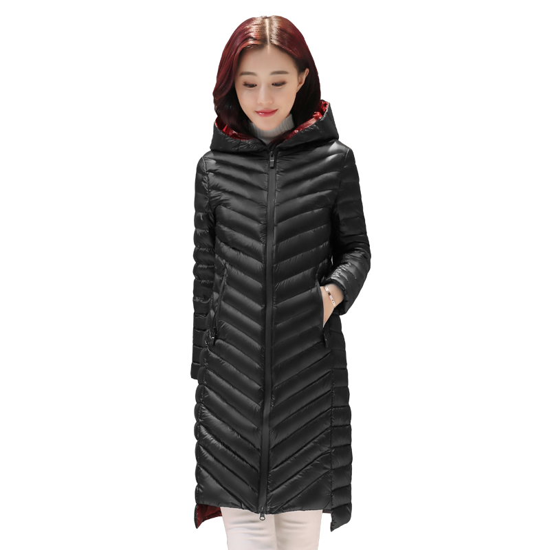 鸭鸭 秋冬女装纯色连帽轻薄羽绒服女长款休闲潮B-56205
