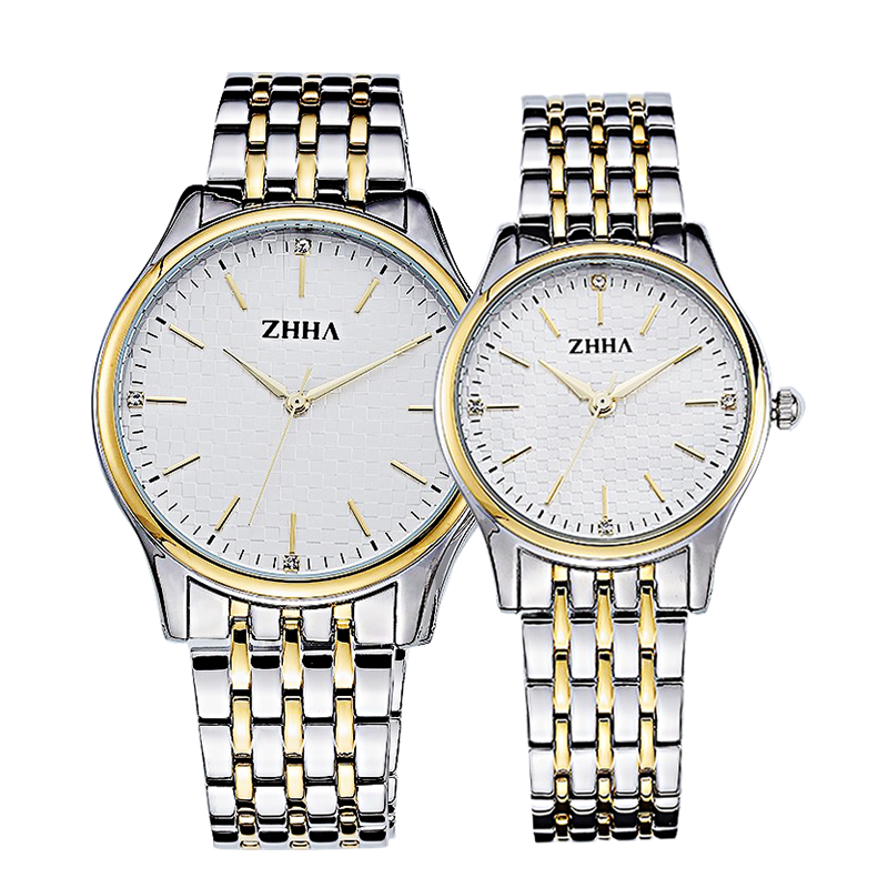 致豪（ZHHA）简约时尚对表系列 防水石英实心钢带礼品商务腕表 立体格纹 ZW-041 银带白色面女款