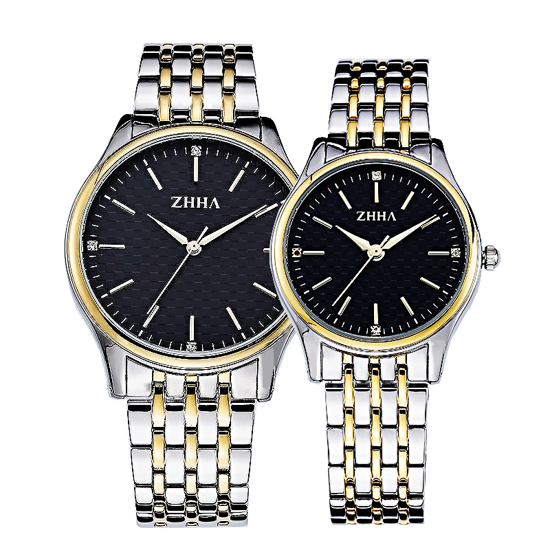 致豪（ZHHA）简约时尚对表系列 防水石英实心钢带礼品商务腕表 立体格纹 ZW-041 金带白色面女款
