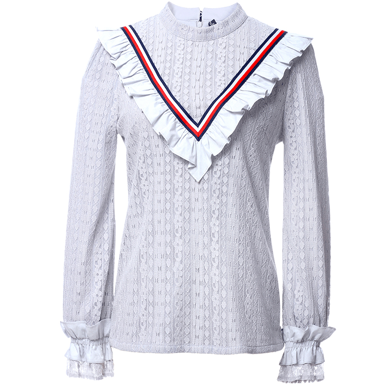 欧昵雪秋装新款小香风立领飞飞袖上衣甜美气质碎花镂空蕾丝衫R