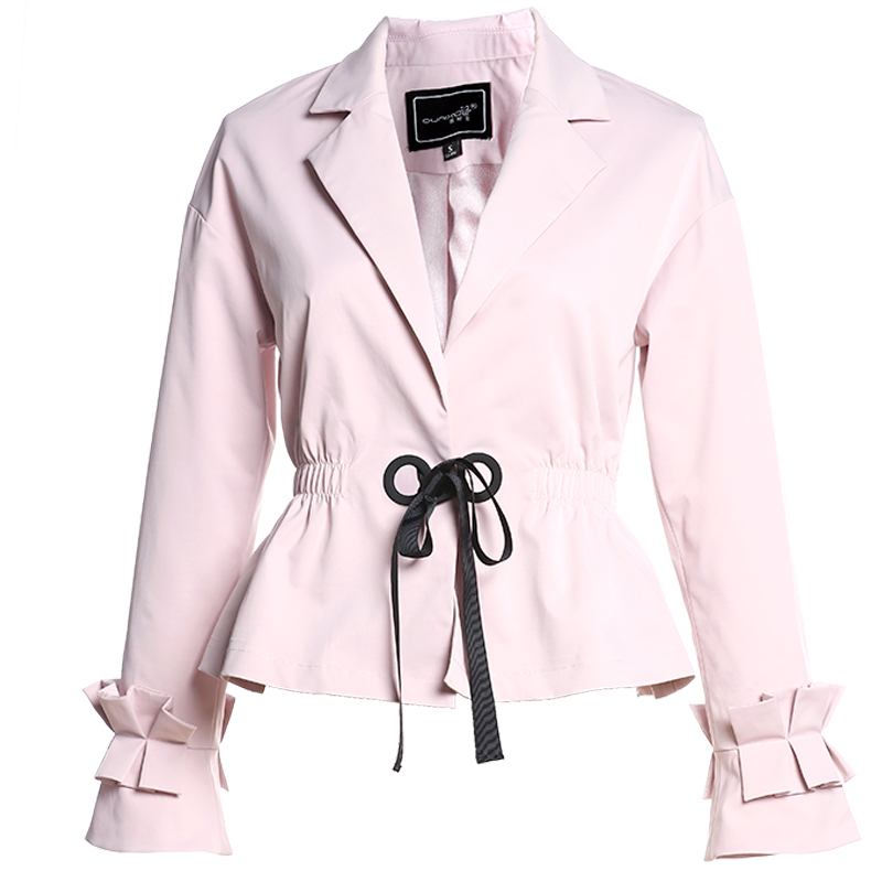 欧昵雪秋装新款粉色甜美翻领短外套休闲修身长袖风衣女装外套Q