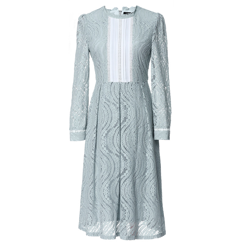 欧昵雪秋装新款名媛蕾丝连衣裙立领长袖百褶裙中长款礼服裙子Q