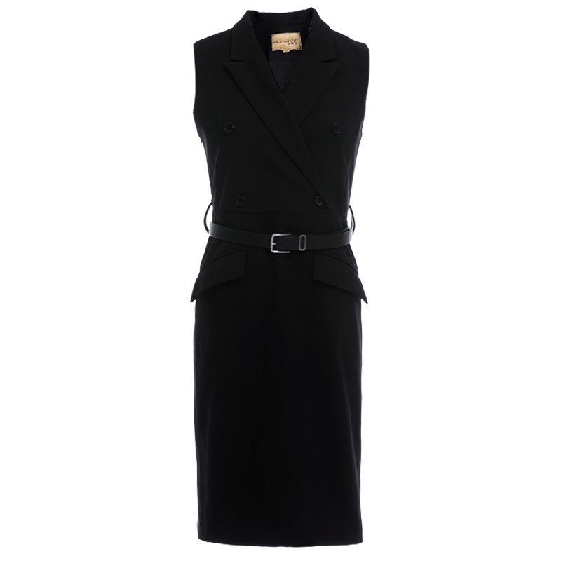 欧昵雪秋装新款黑色气质修身衬衫连衣裙西装领OL无袖A字短裙QR