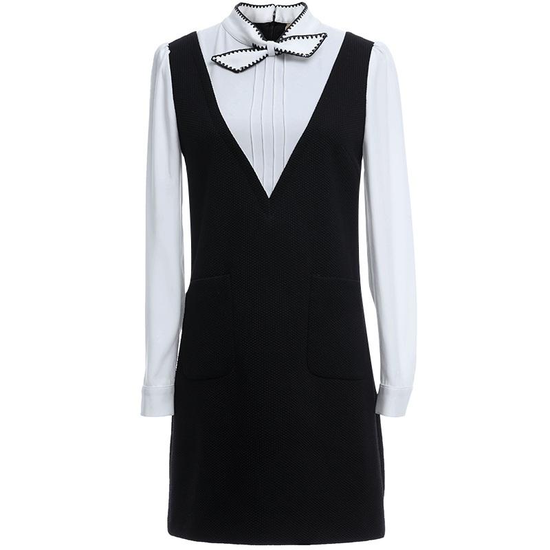 欧昵雪秋季新款假两件套连衣裙女长袖淑女修身百搭蝴蝶结短裙Q