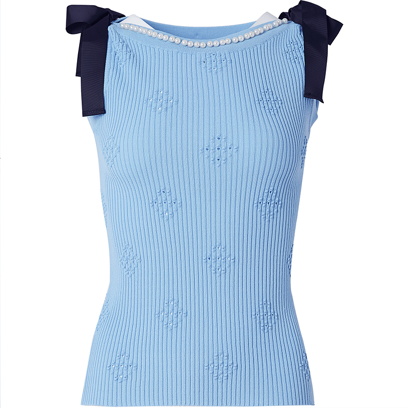 欧昵雪 夏装蝴蝶结系带T恤时尚修身短款背心薄款针织衫女X