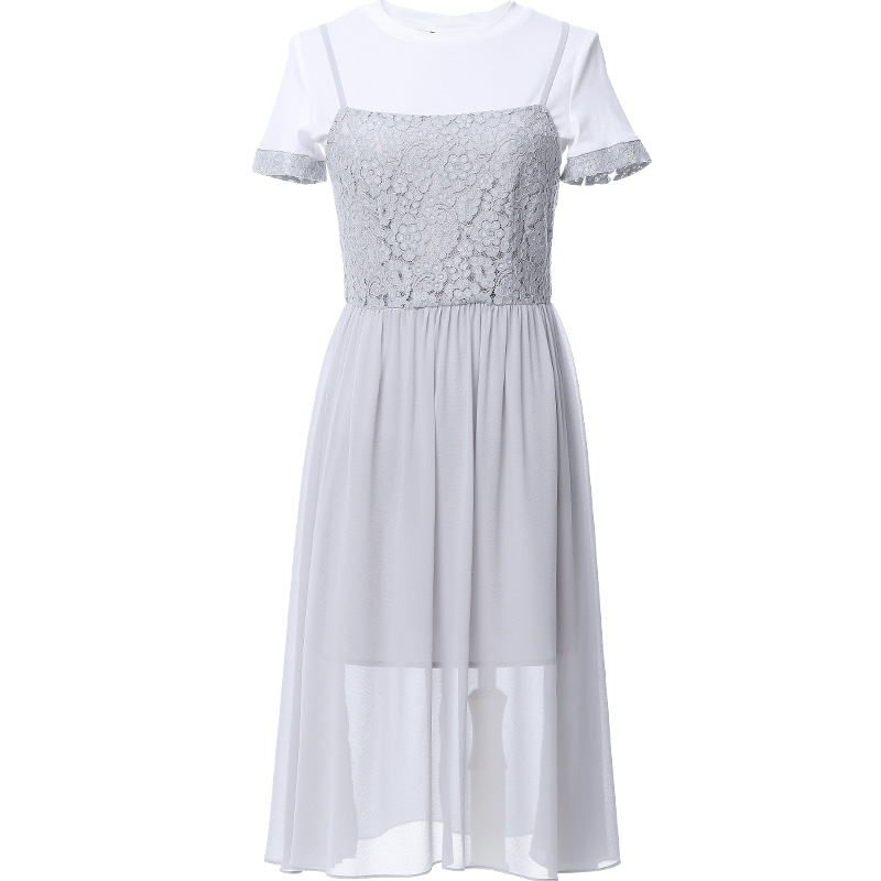 欧昵雪夏新款时尚吊带蕾丝裙两件套百搭修身白色T恤套装裙X
