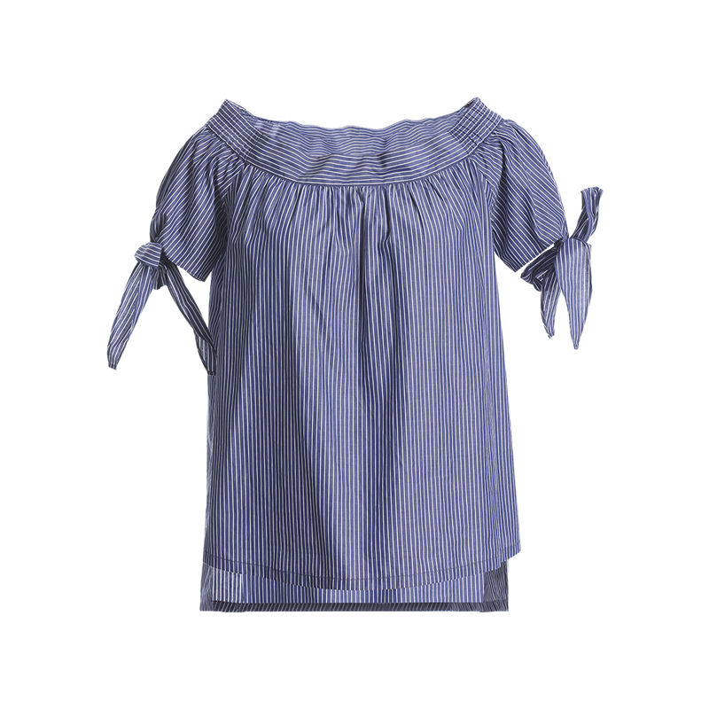 欧昵雪 夏一字肩拼接蝴蝶结短袖条纹上衣女小心机时尚小衫X