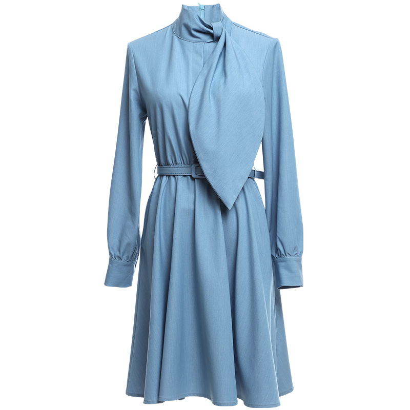 欧昵雪 春秋季半高领蝴蝶结小心机时尚气质显瘦女长袖连衣裙q