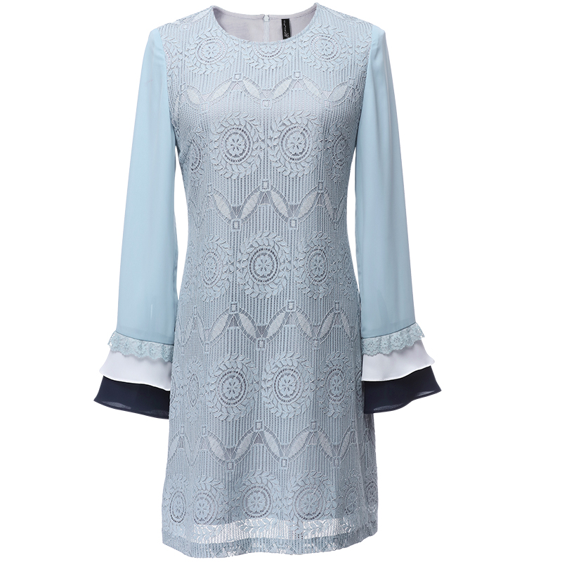 欧昵雪 春秋季圆领显瘦喇叭袖拼接女长袖a字裙子蕾丝连衣裙q