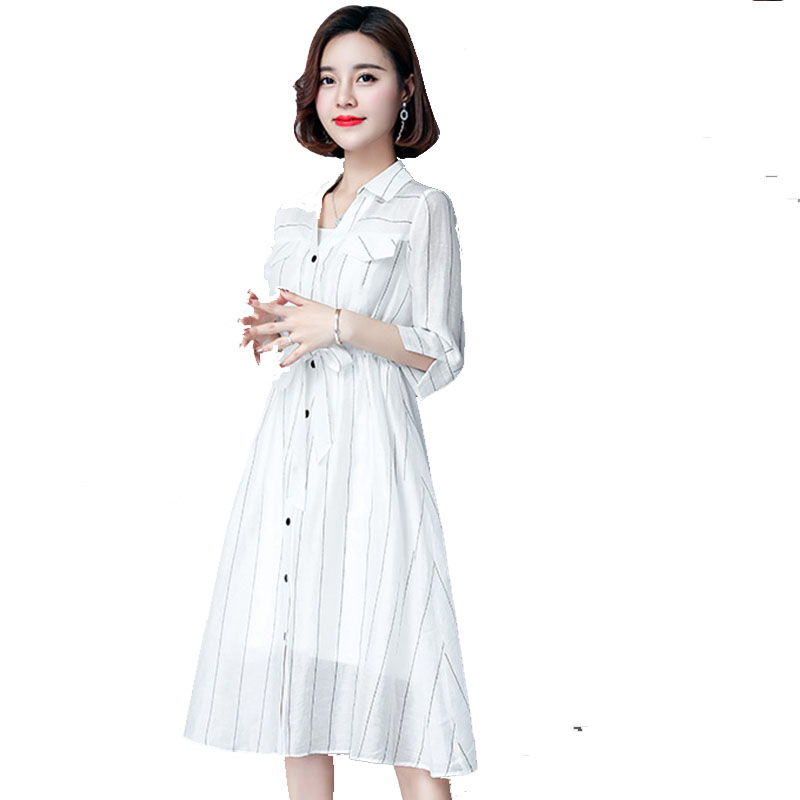 港味条纹连衣裙女夏装2018新款时尚女装中长款气质小清新衬衫裙子